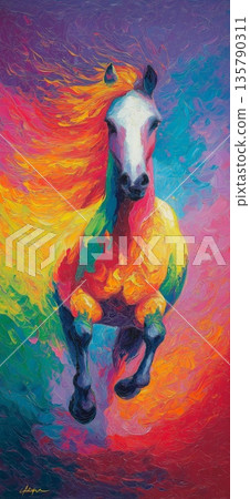 Vibrant abstract horse galloping with colorful movement. Abstract horse painting showcasing energetic movement and a spectrum of vibrant colors 135790311