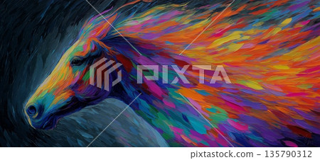 Vibrant abstract horse galloping with colorful movement. Abstract horse painting showcasing energetic movement and a spectrum of vibrant colors Vibrant abstract horse galloping with colorful movement. Abstract horse painting showcasing energetic movement and a spectrum of vibrant colors 135790312