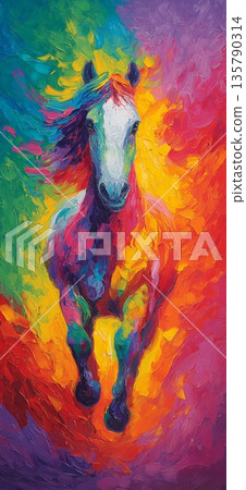 Vibrant abstract horse galloping with colorful movement. Abstract horse painting showcasing energetic movement and a spectrum of vibrant colors 135790314