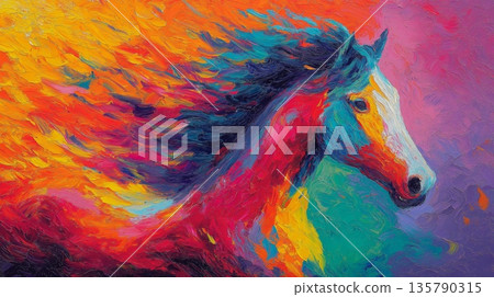 Vibrant abstract horse galloping with colorful movement. Abstract horse painting showcasing energetic movement and a spectrum of vibrant colors 135790315