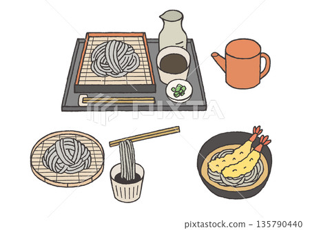 扎魯蕎麥麵與天婦羅蕎麥麵手繪插圖集 135790440