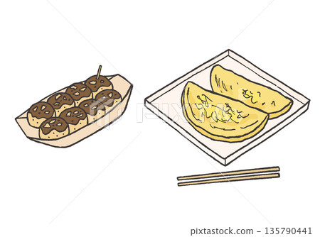 Hand-drawn illustration of takoyaki and grilled squid 135790441
