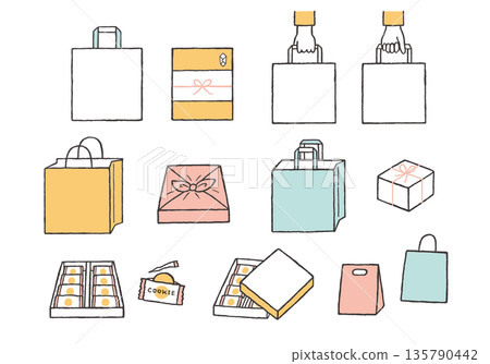 Hand-drawn illustration set of souvenirs and paper bags Hand-drawn illustration set of souvenirs and paper bags 135790442