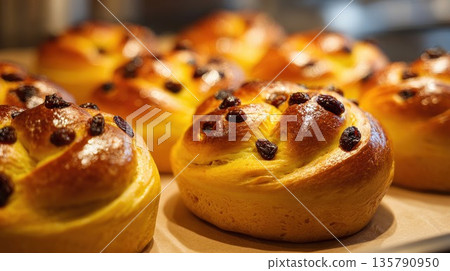 Golden raisin buns freshly baked on a tray Golden raisin buns freshly baked on a tray 135790950