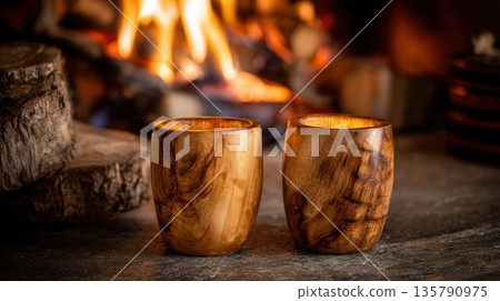Handmade wooden cups on a rustic stone surface by a warm fireplace Handmade wooden cups on a rustic stone surface by a warm fireplace 135790975