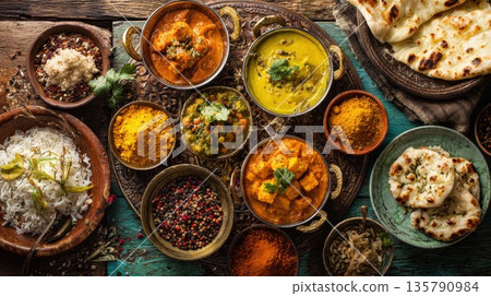 Assorted Indian curries and naan bread served on a rustic table 135790984