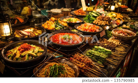 Asian street food delicacies glow under lantern light in a market Asian street food delicacies glow under lantern light in a market 135790985