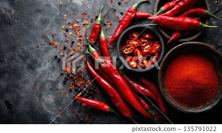 Fresh red chili peppers with powder and flakes on dark surface 135791022