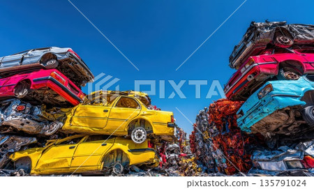 Colorful crushed cars stacked high in a large junkyard under a blue sky 135791024