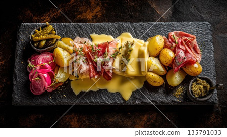 Gourmet raclette platter with melted cheese served on slate Gourmet raclette platter with melted cheese served on slate 135791033