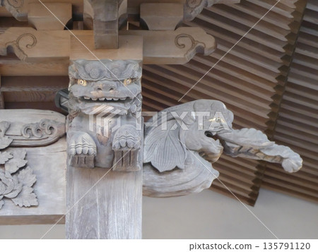 Traditional wood carvings that adorn temple and shrine architecture. The lion and elephant "kibans" decorating the pillars and the intricate designs that highlight the craftsmanship of the artisans. Traditional wood carvings that adorn temple and shrine architecture. The lion and elephant "kibans" decorating the pillars and the intricate designs that highlight the craftsmanship of the artisans. 135791120