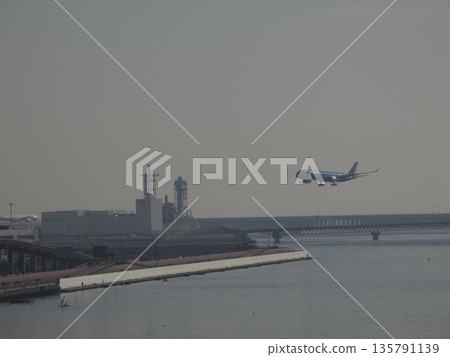 An ITA Airways passenger plane approaches the mouth of the Tama River, flying low. An ITA Airways passenger plane approaches the mouth of the Tama River, flying low. 135791139