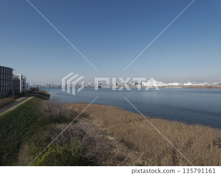 多摩川河口平靜水域和冬季沼澤的海岸全景 多摩川河口平靜水域和冬季沼澤的海岸全景 135791161