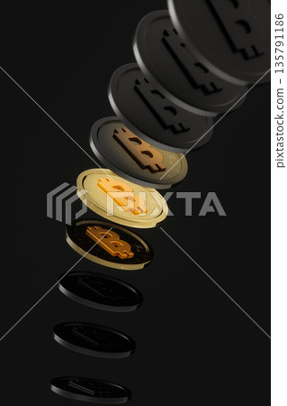 Golden Bitcoin cryptocurrency on dark background with growth concept. 3d rendering 135791186