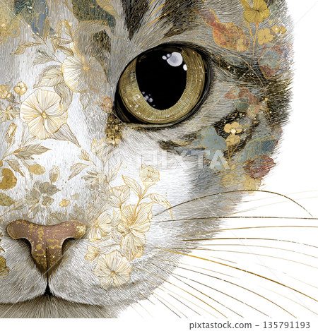 A close-up of a big-eyed cat with floral decorations. Traditional Japanese modern material. Transparent PNG. 135791193