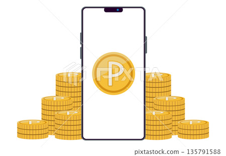 一堆積分硬幣和一部智慧型手機的插圖 135791588