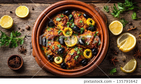 Traditional Moroccan chicken tagine served with olives and lemon Traditional Moroccan chicken tagine served with olives and lemon 135791642