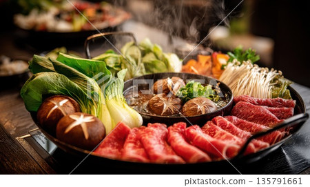 Steaming shabu-shabu hot pot with fresh beef and vegetables 135791661