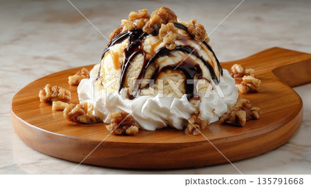 Vanilla ice cream sundae is drizzled with chocolate and caramel, topped with walnuts Vanilla ice cream sundae is drizzled with chocolate and caramel, topped with walnuts 135791668