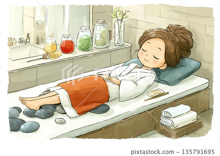 一位女士在岩石浴缸中放鬆身心 | 平衡身心的健康美容插畫 135791695