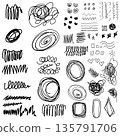 Handwriting scribble stroke, underline graphite textures. Vector set of grungy graphic elements. Scribble emphasis lines, crazy hatches, ovals and crosses. 135791706
