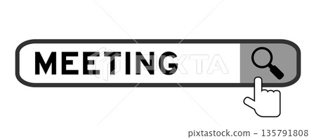 Search banner in word meeting with hand over magnifier icon on white background Search banner in word meeting with hand over magnifier icon on white background 135791808