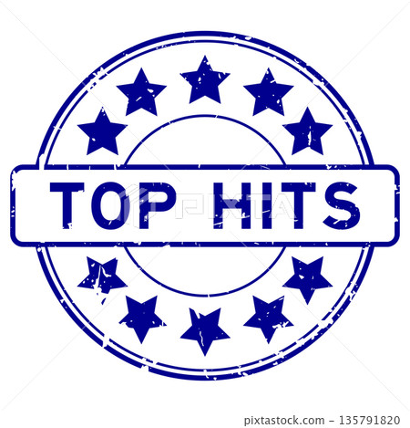 Grunge blue top hits word with star icon round rubber seal stamp on white background 135791820