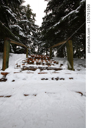 snow on wooden stairs 135791890