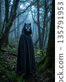 Mysterious wolf figure standing in dark, misty forest with glowing blue eyes and cloak. 135791953