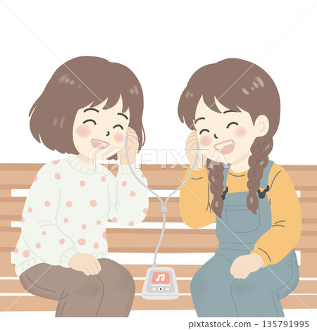 Two best friends sitting together and sharing music through earphones, expressing joy, connection, and friendship. Two best friends sitting together and sharing music through earphones, expressing joy, connection, and friendship. 135791995
