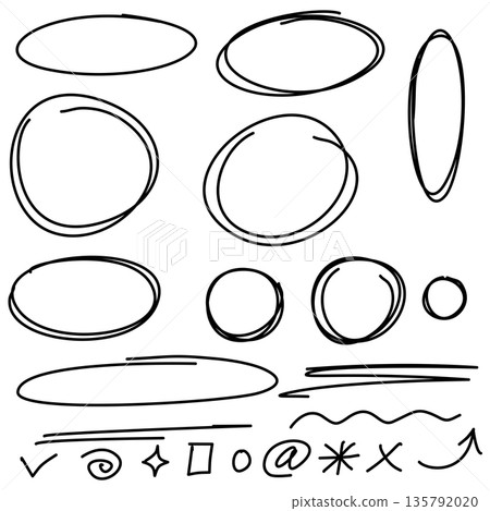 Hand drawn circle and arrow line, scribble doodle circle set for highlighting text. Ovals and ellipses line template. Hand drawn circle and arrow line, scribble doodle circle set for highlighting text. Ovals and ellipses line template. 135792020