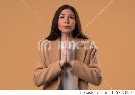 Young Businesswoman Praying With Palms In Sincere Silent Request. Hope, Faith 135792090
