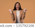 Happy Businesswoman Victory Gesture Yes, Clenched Fist, Joy Triumph Expression 135792106