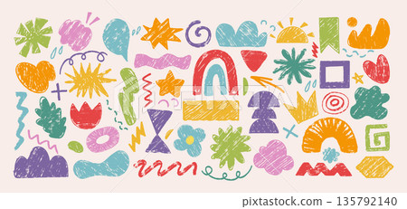 Hand drawn abstract shapes and doodles for kids design 135792140