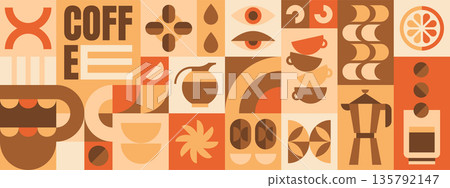 Abstract geometric coffee pattern with beans, drink cup, simple bauhaus elements 135792147