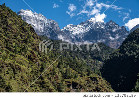 The landscape during trekking in Sagarmatha national park, Nepal. Sagarmatha National Park is a protected area in the Himalayas of eastern Nepal, famous for containing Mount Everest and other world-re The landscape during trekking in Sagarmatha national park, Nepal. Sagarmatha National Park is a protected area in the Himalayas of eastern Nepal, famous for containing Mount Everest and other world-re 135792189