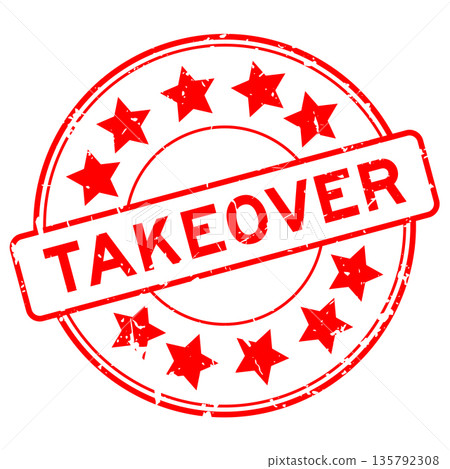 Grunge red takeover word with star icon round rubber seal stamp on white background 135792308