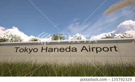 Arrivals at Tokyo Haneda Airport with airplane landing near terminal, Tokyo, Japan 3D rendering Arrivals at Tokyo Haneda Airport with airplane landing near terminal, Tokyo, Japan 3D rendering 135792329