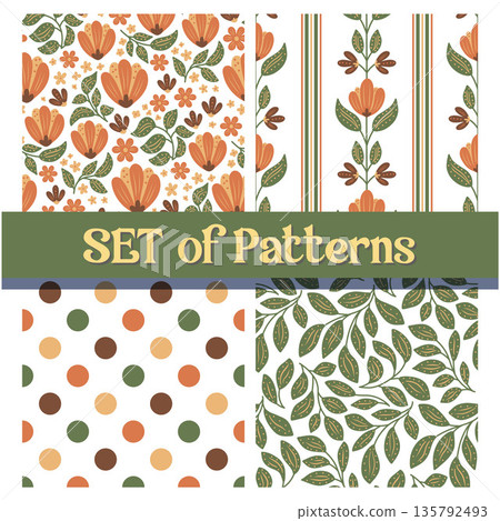Earthy Botanical Seamless Pattern Set with Calm Natural Plant Inspired Colors Earthy Botanical Seamless Pattern Set with Calm Natural Plant Inspired Colors 135792493
