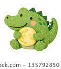 Felt-style illustration of a crocodile holding a full moon 135792850