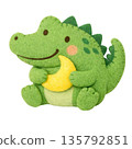 Felt-style illustration of a crocodile holding a crescent moon 135792851