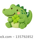 Felt-style illustration of a crocodile holding a clover 135792852