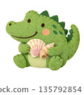 [Summer] Illustration of a crocodile holding a felt-style seashell 135792854