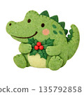 [Christmas] Illustration of a crocodile holding a felt-style holly leaf 135792858