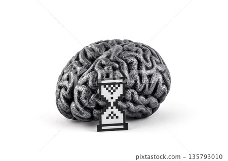 Human silver brain model with paper pixel hourglass computer symbol represents that the system is busy, processing data. 135793010