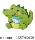 Felt-style illustration of a crocodile holding a fish 135793036