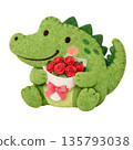 An illustration of a crocodile holding a bouquet of felt-style roses 135793038
