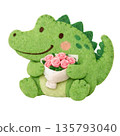 An illustration of a crocodile holding a bouquet of felt-style roses 135793040