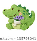 Felt-style illustration of a crocodile holding a bouquet of lavender 135793041