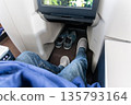 Inflight business class passenger with ample leg room replaces shoes with disposable slippers during flight for comfort travel 135793164